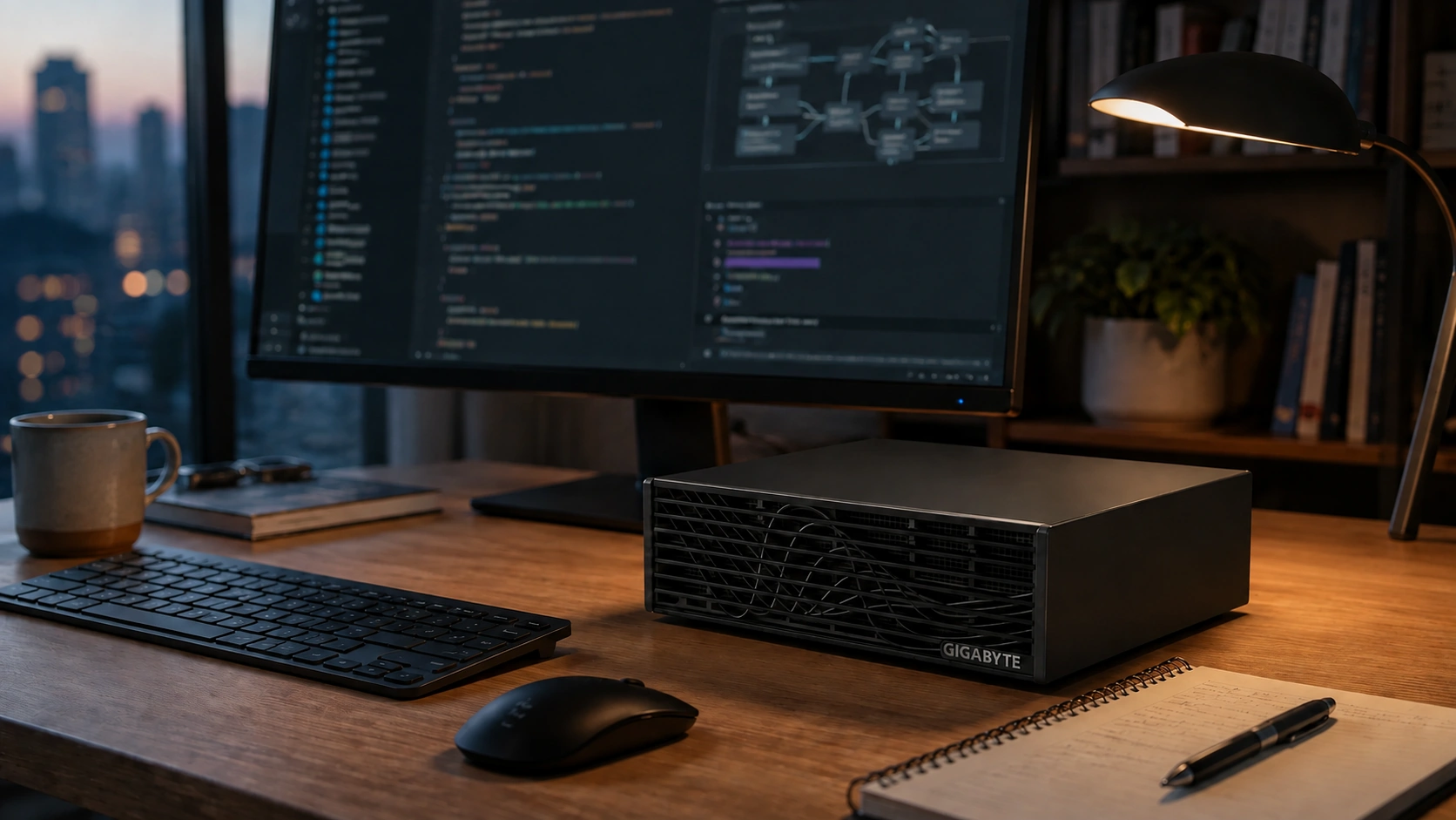 GIGABYTE AI TOP ATOM 位於 AI 工程工作桌，背景有模糊程式與模型流程畫面