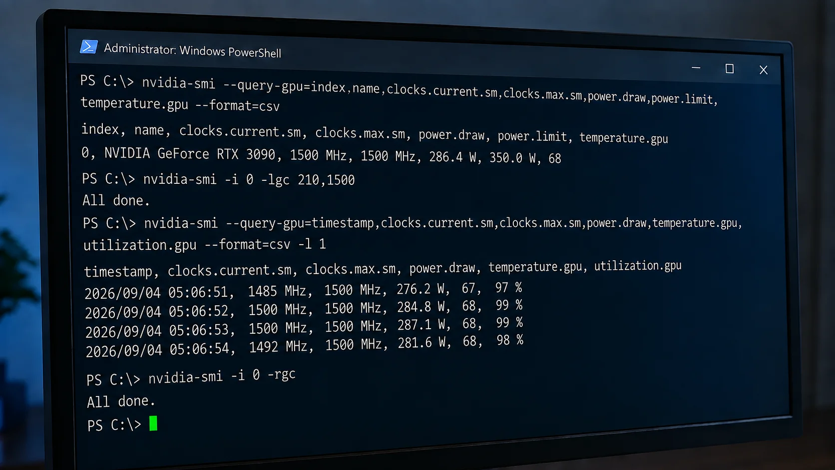 輕微斜拍的系統管理員 PowerShell 視窗，顯示 nvidia-smi 顯示卡鎖頻與監測指令及範例輸出
