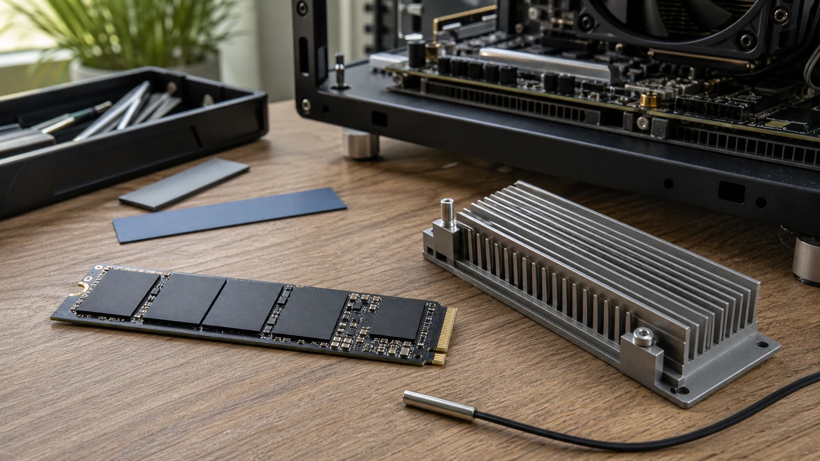 桌面上的 PCIe 5.0 SSD、鋁製散熱器與溫度探針