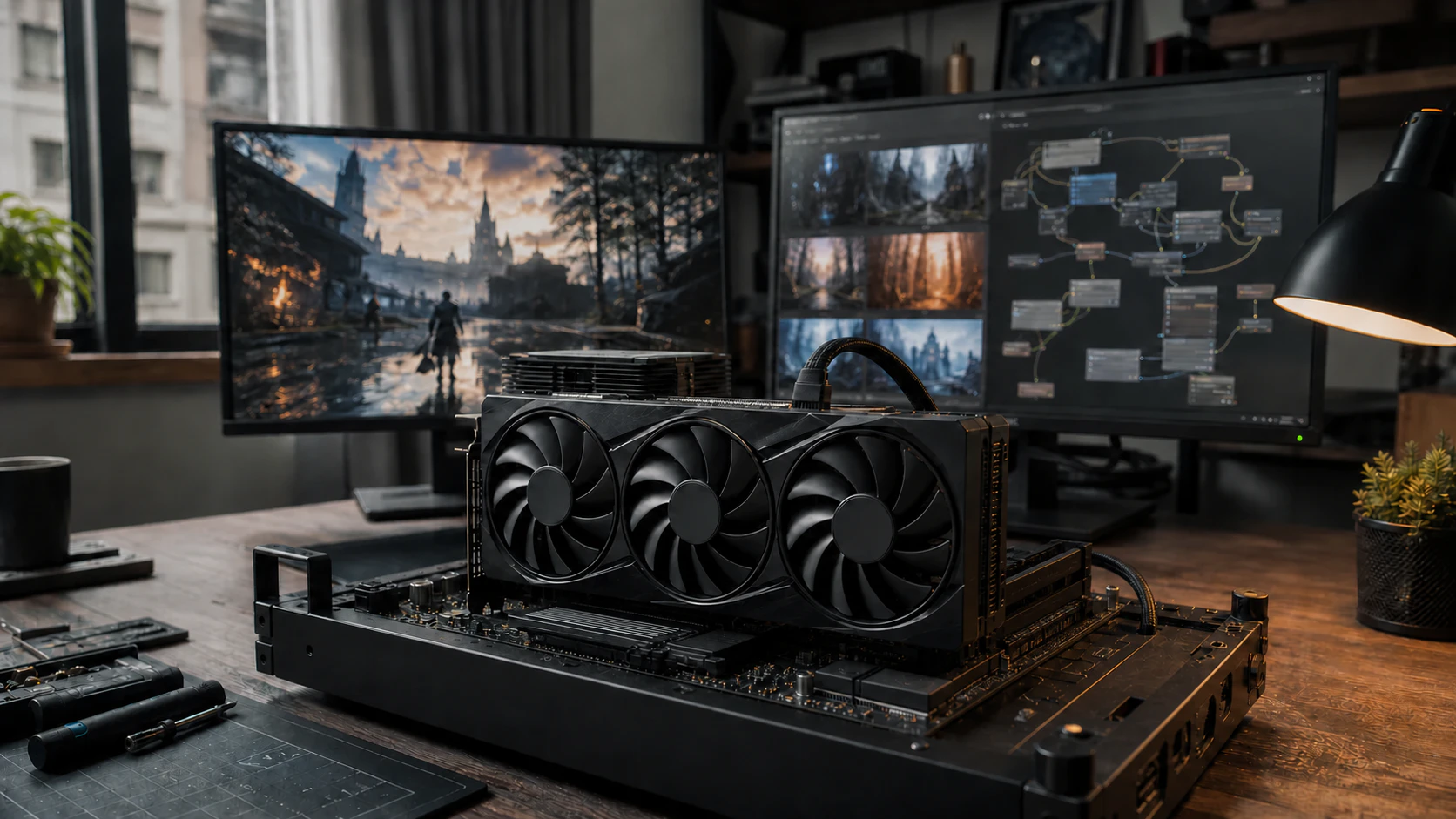台灣住家工作桌上的黑色三風扇 RTX 5070 Ti 開放式測試平台，背景螢幕顯示遊戲與地端 AI 節點工作流程
